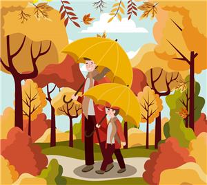 矢量人物-创意公园散步的撑伞父子矢量